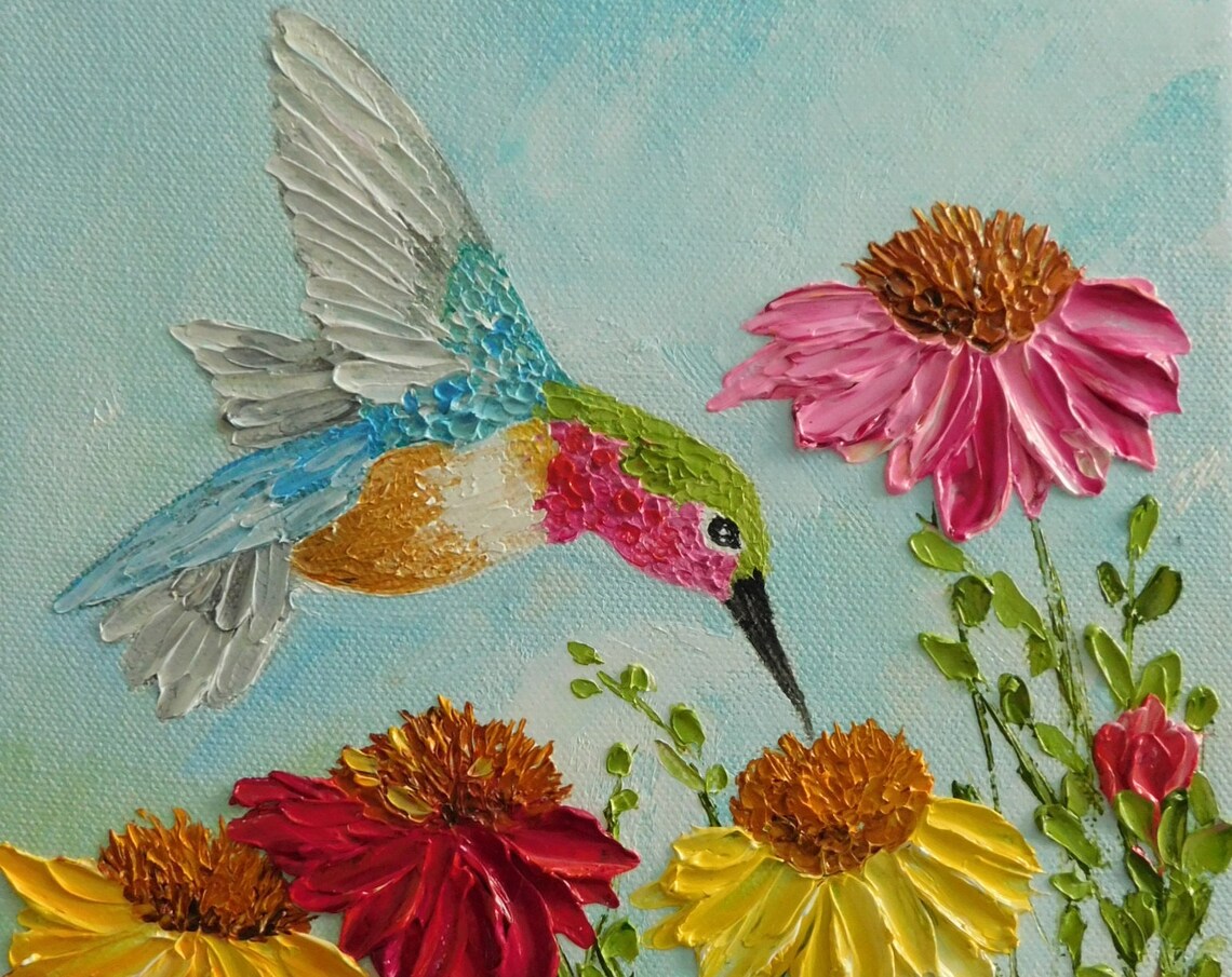 Custom Cone Flowers and Hummingbird Impasto Art Print - Image 5