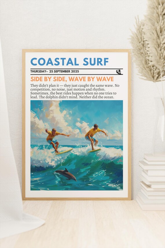 Coastal Surf Two Surfers Dolphin Wave Newspaper Style Poster
