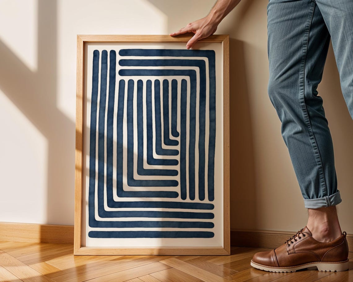 Navy Blue Geometric Line Maze Abstract Minimalist Modern Art Poster