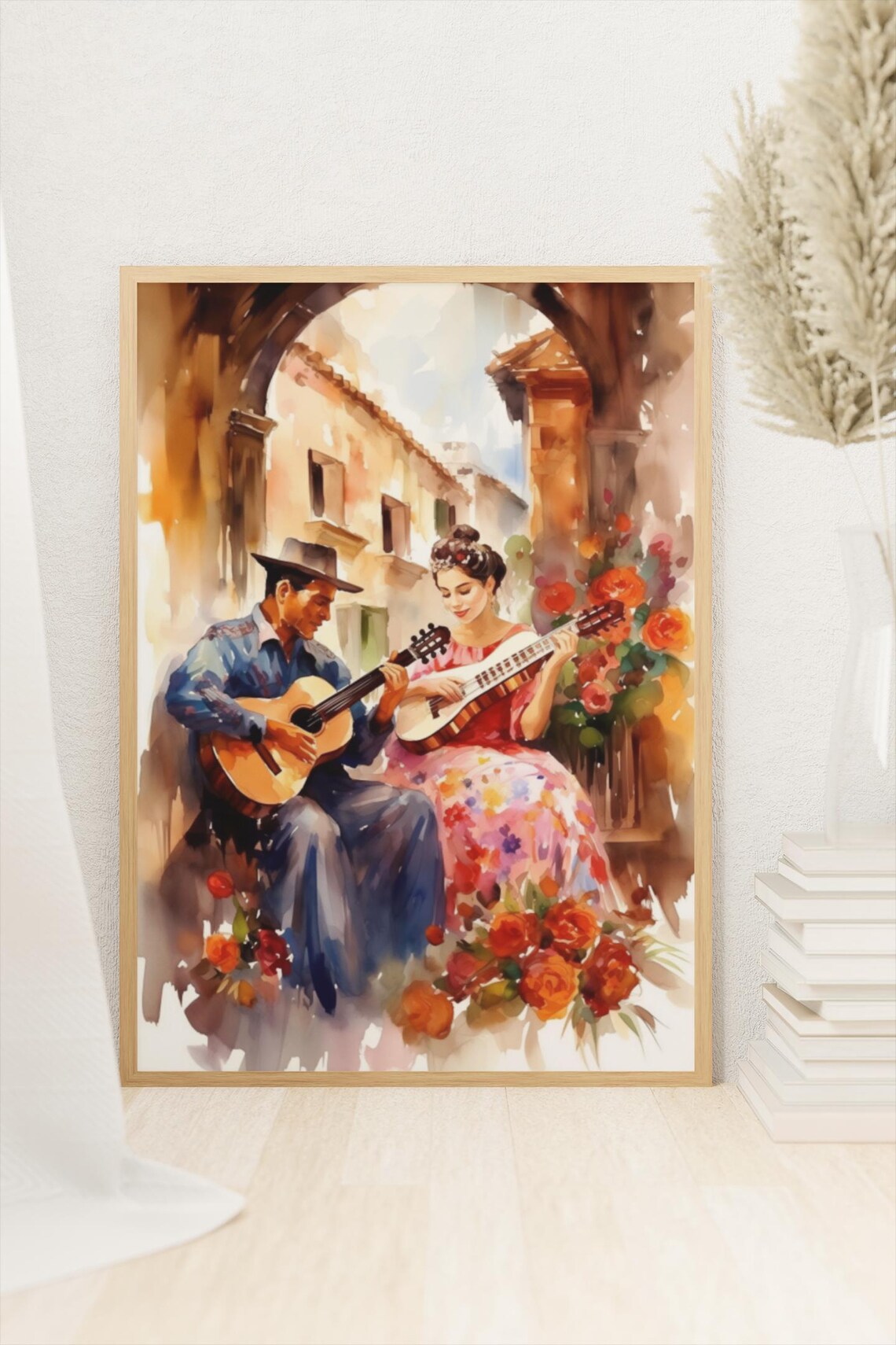 Mexican Guitar Couple Romantic Watercolor Floral Archway Music Poster