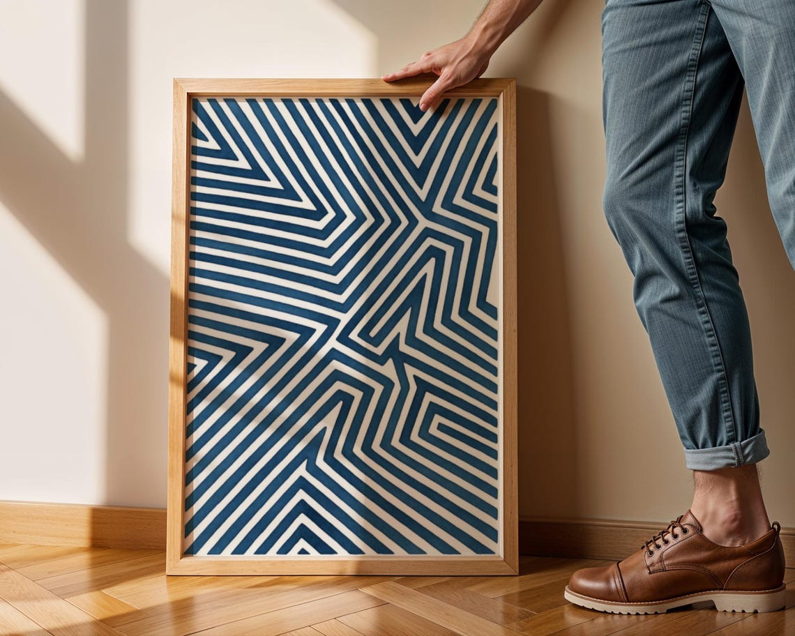 Navy Blue Angular Geometric Line Art Bold Maze Japandi Poster