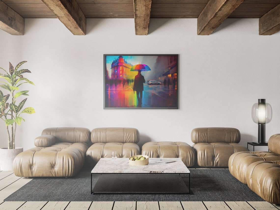Rainbow Colors Gun Man Oil Painting With Colorful Umbrella Rainy Street Of City Wall Art - Image 6