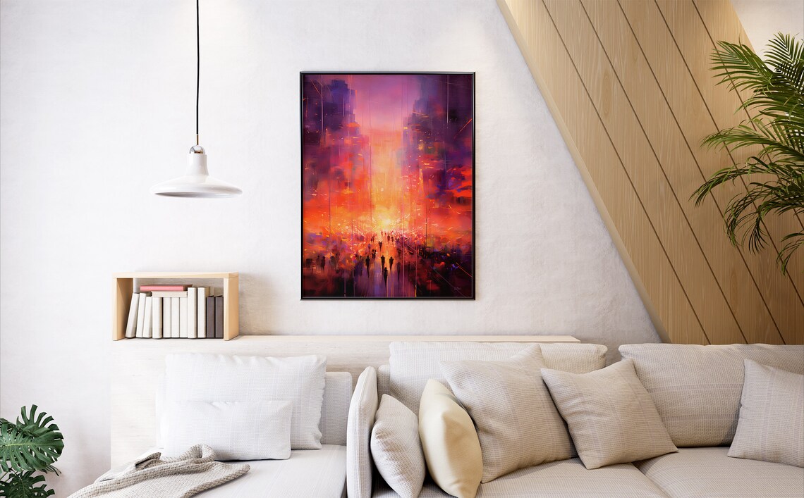 Abstract Orange Sunset City Crowd Street Oil Painting Art Poster - Image 7