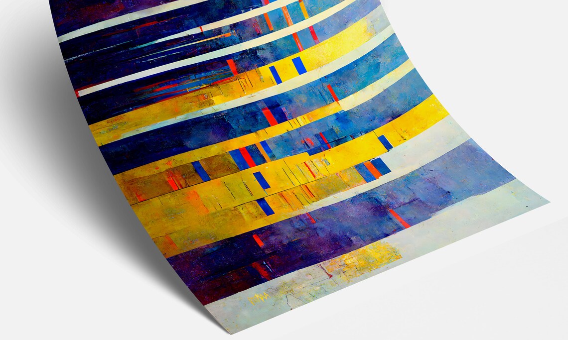 Abstract Blue and Yellow Vertical Stripe Oil Painting Poster - Image 3