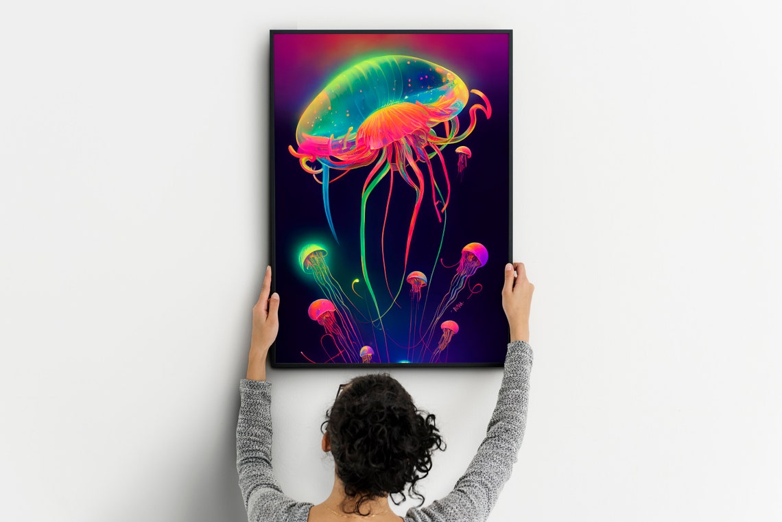 Neon Jellyfish Glowing Psychedelic Deep Ocean Life Art Poster - Image 4