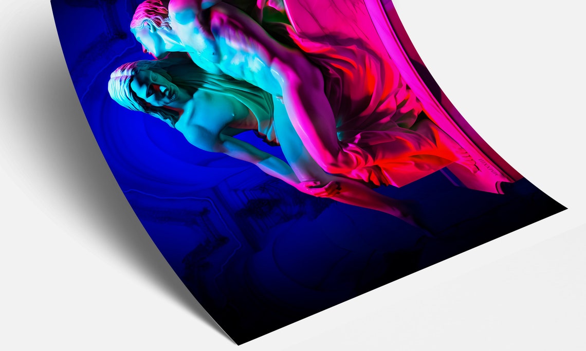 Divine Radiance Colorful Neon Michelangelos Pieta Wall Art Print Renaissance Home Dcor Classical Art - Image 3