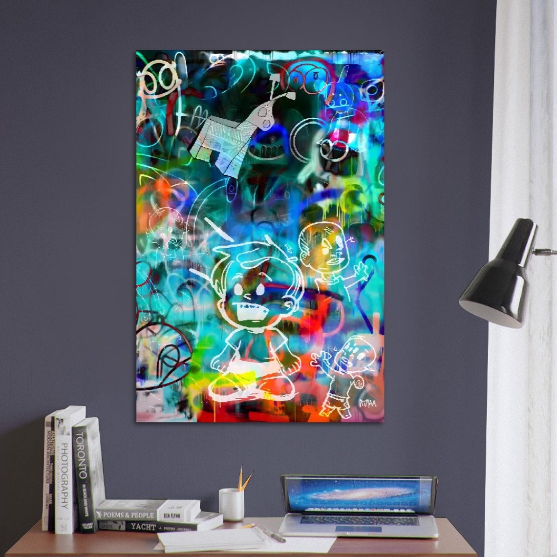 Neon Graffiti Cartoon Faces Street Art Glowing Teal Blue Wall Art - Image 3