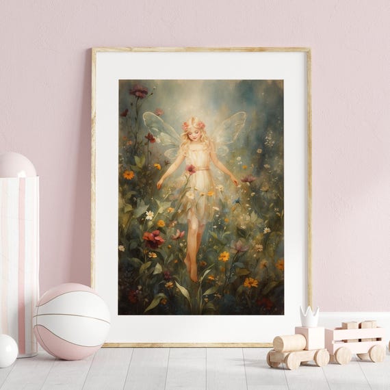 Vintage Flower Fairy Water Color Painting Fine Art Print For Nursery