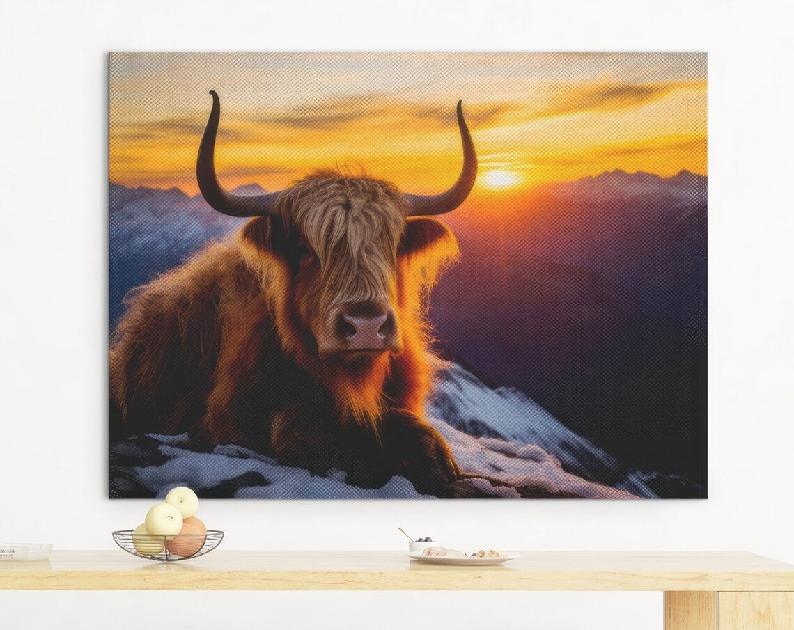 Highland Cow Poster Print, Sunset Mountain Himalaya