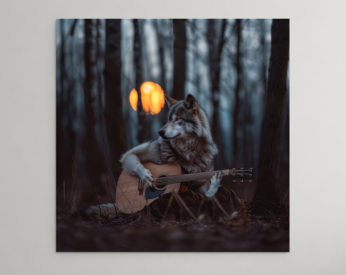Wolf Playing Guitar Poster, Abstract Moon Night