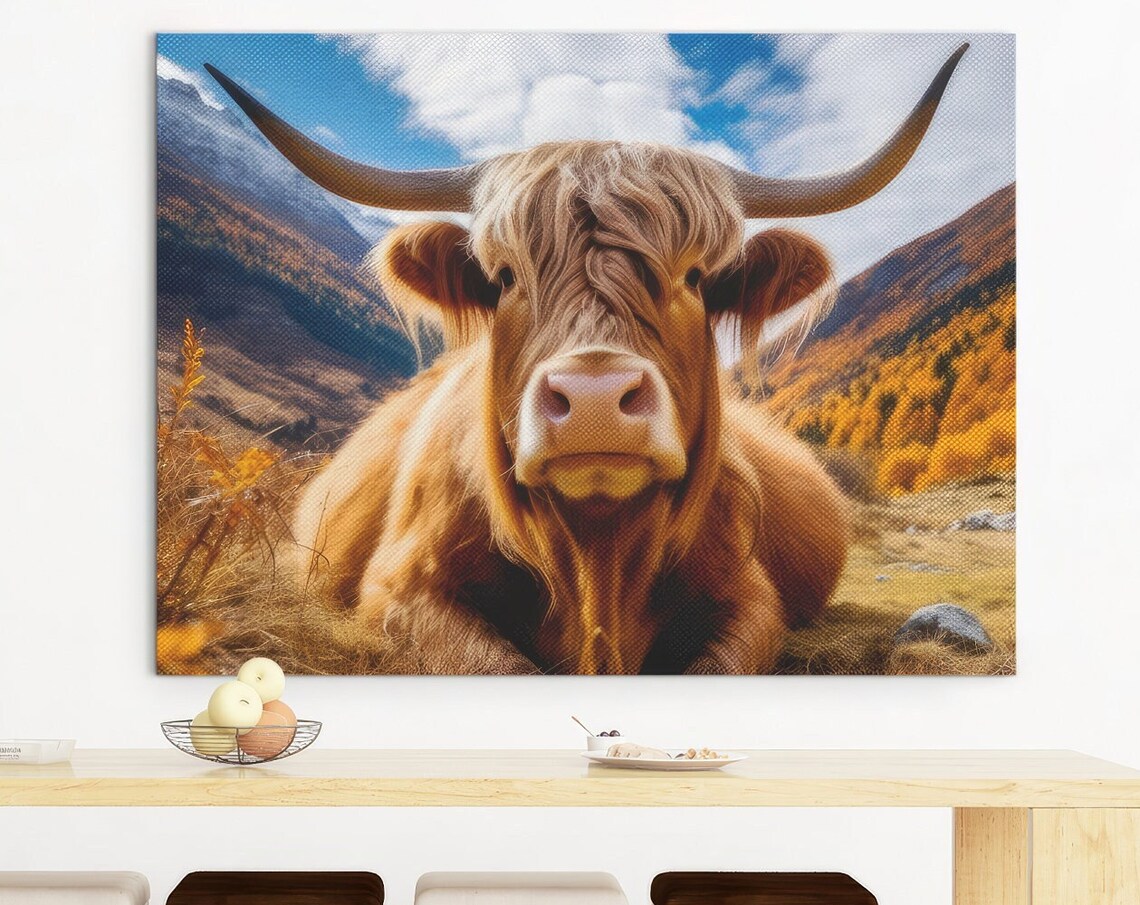 Highland Cow Poster, Autumn Fall Mountain Cattle