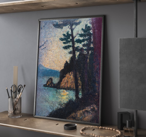 Moonlit Coastal Seascape Pointillist Trees Night Water Art Poster