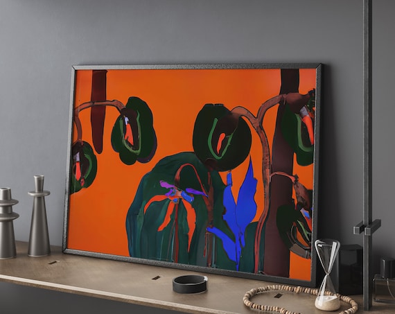 Tropical Orange Botanical Abstract Dark Leaves Modern Art Wall Poster