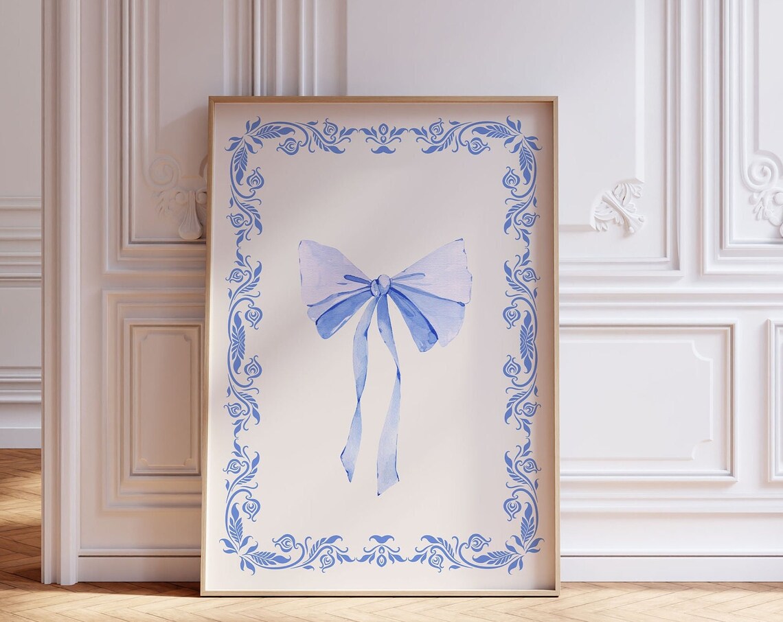 Powder Blue Ribbon Bow Blue Floral Border Balletcore Decor Poster