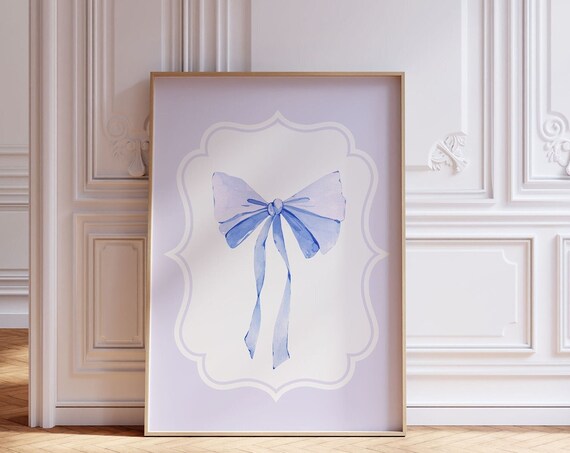 Preppy Blue Coquette Bow Wall Art Print Trendy Balletcore Pastel Nursery