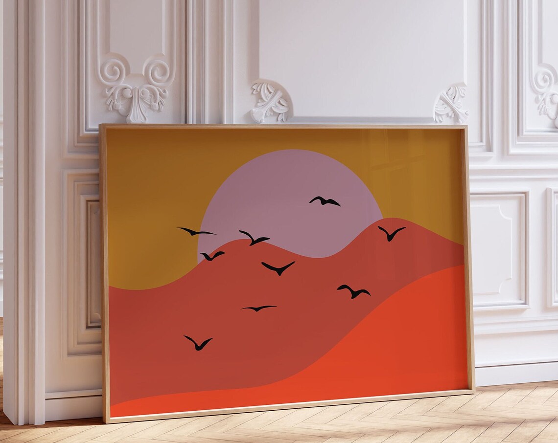 Warm Sunset Birds Silhouette Abstract Rolling Hills Art Poster