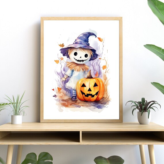 Cute Scarecrow Leaves Watercolor Art, Halloween Decor