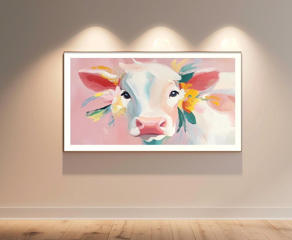 Pastel Pink Cow Portrait Cute Farmhouse Animal Art Frame TV Poster - Image 2