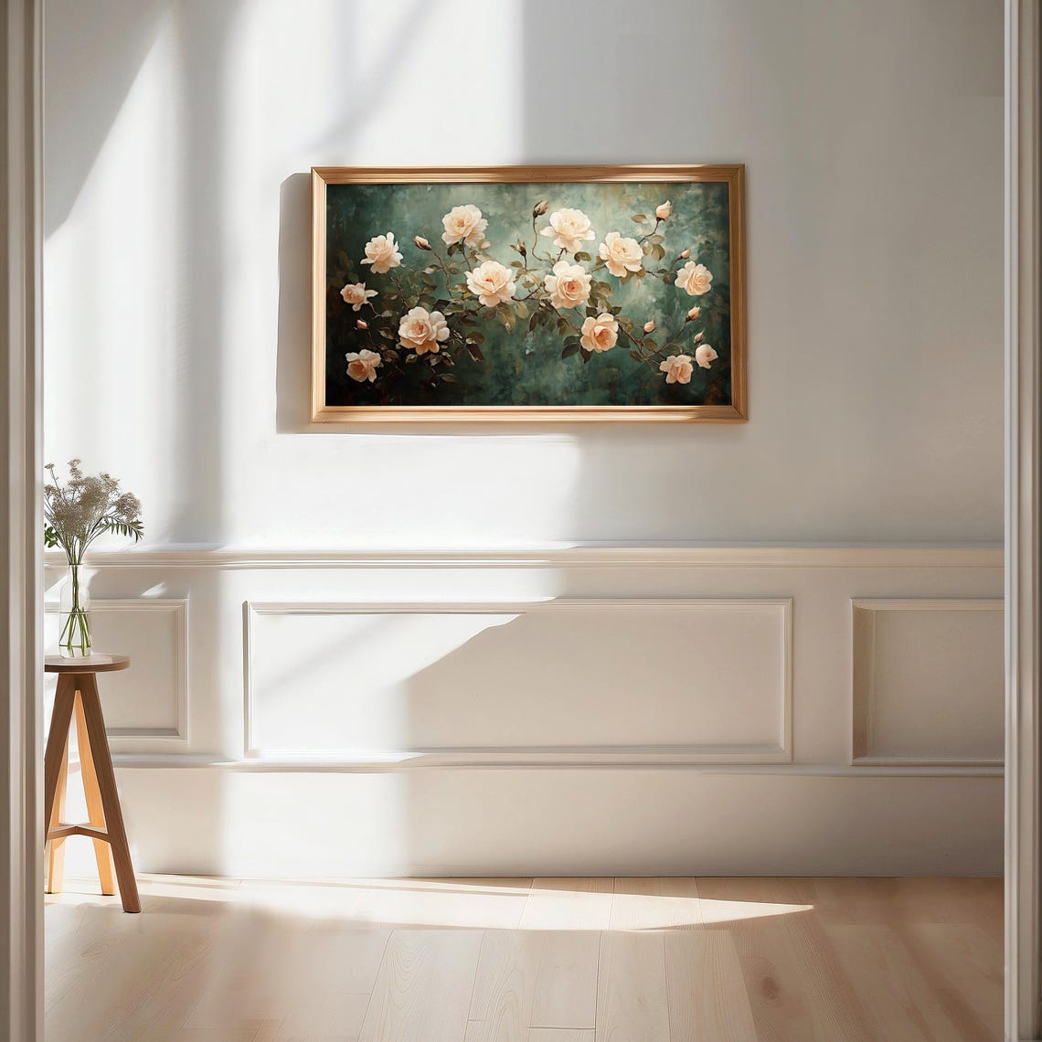Cream Roses Branch Vintage Green Romantic Elegant Botanical Poster - Image 3