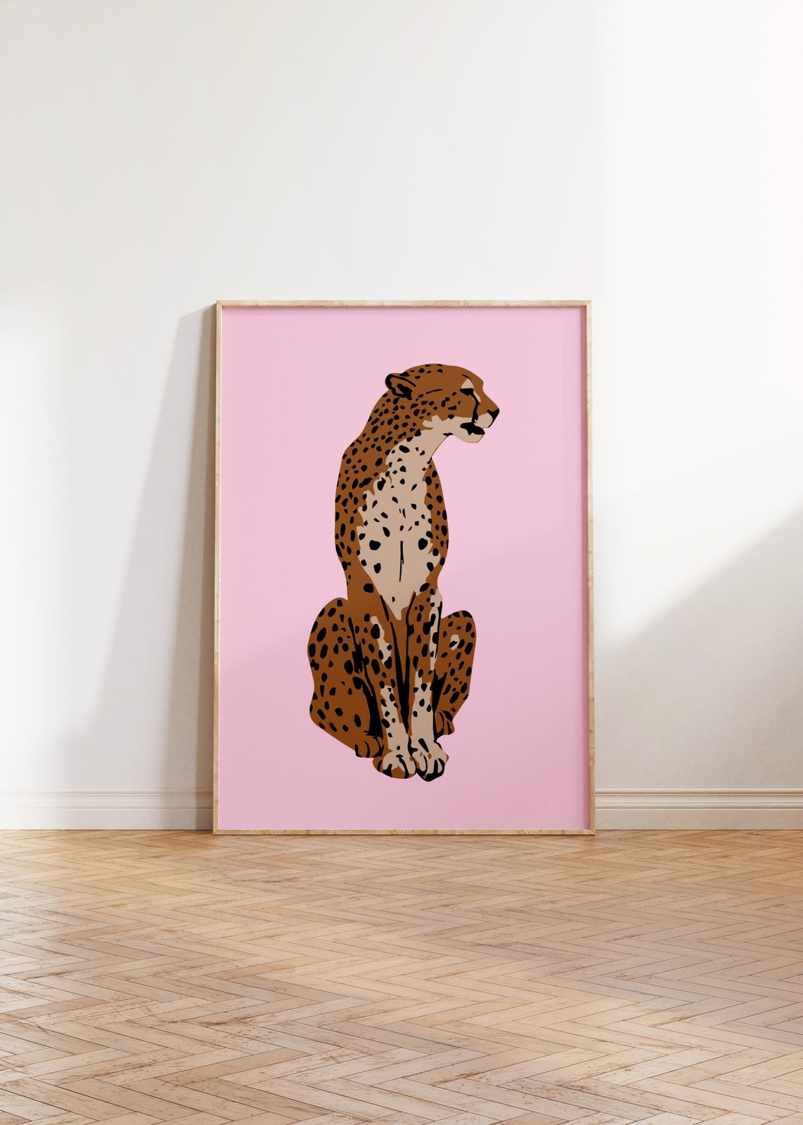 Sitting Cheetah Illustration Pink Background Trendy Dorm Room Poster