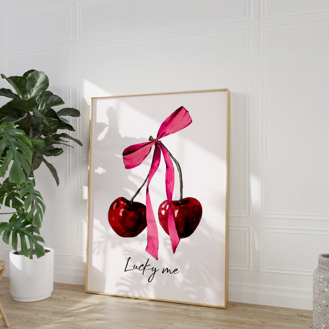 Lucky Me Cute Red Cherry Bow Watercolor Coquette Girly Wall Art - Image 3