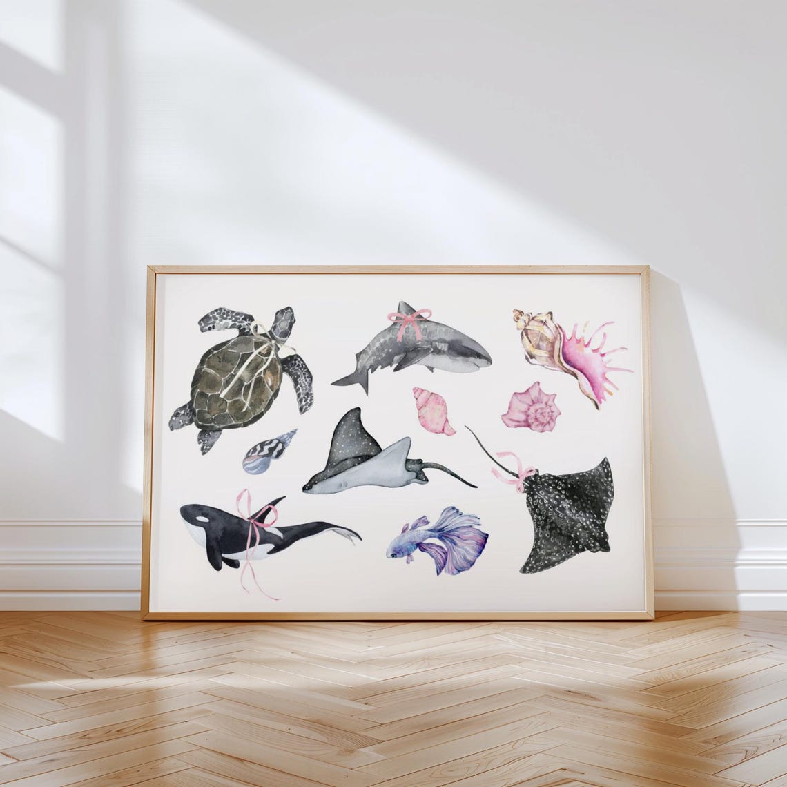 Cute Girly Sea Turtle Shark Whale Watercolor Bow Coastal Wall Art - Image 2
