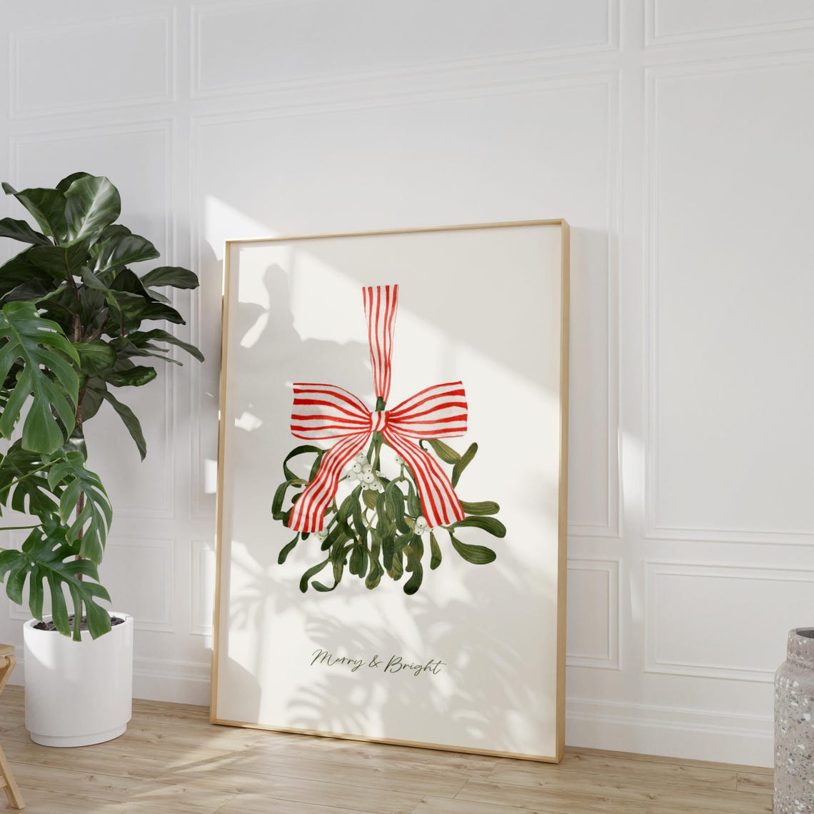 Merry and Bright Mistletoe Red Striped Bow Botanical Holiday Poster - Image 2