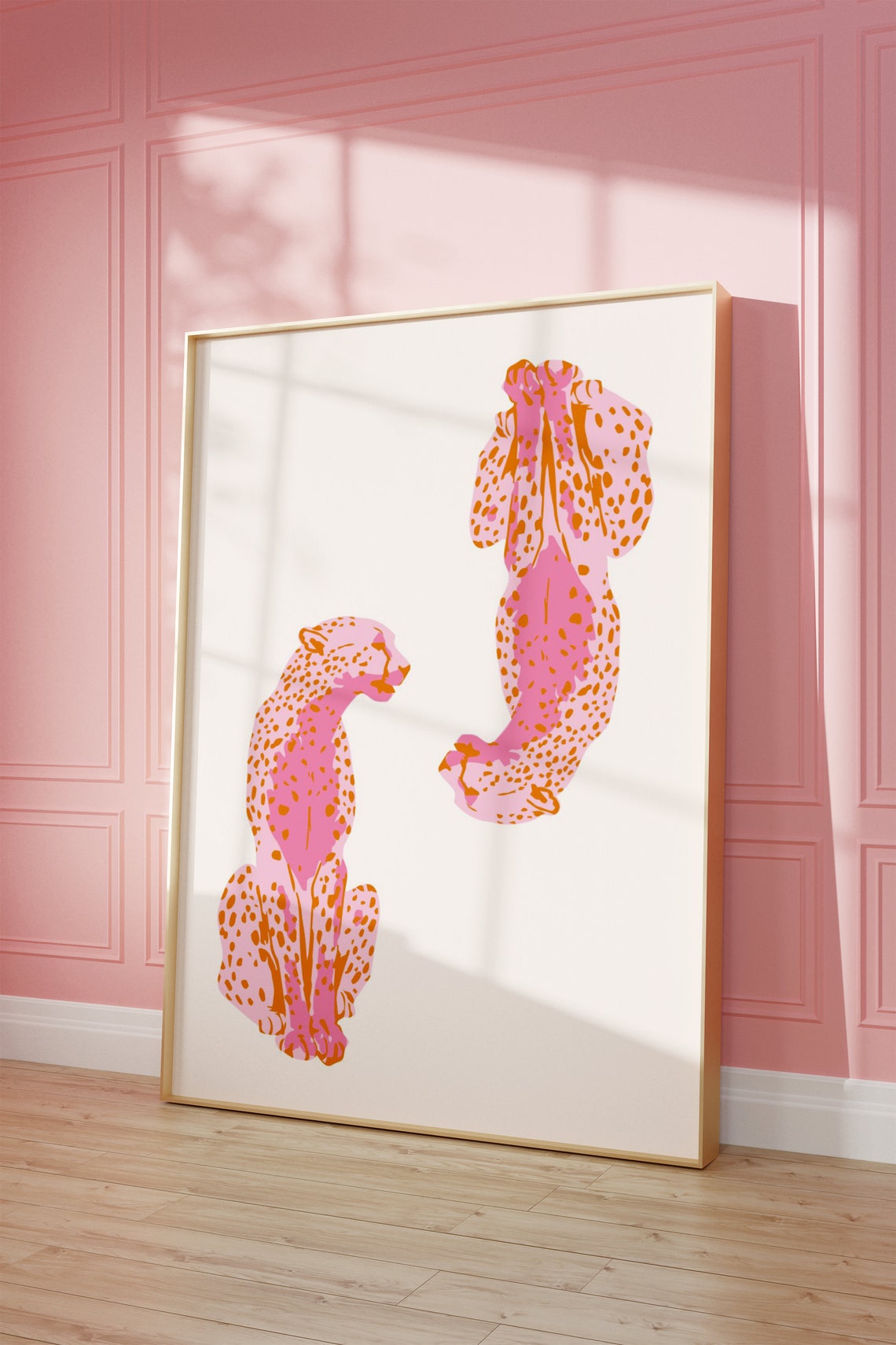 Pink Orange Cheetah Duo Playful Spotted Cat Art Funky Wall Poster - Image 3