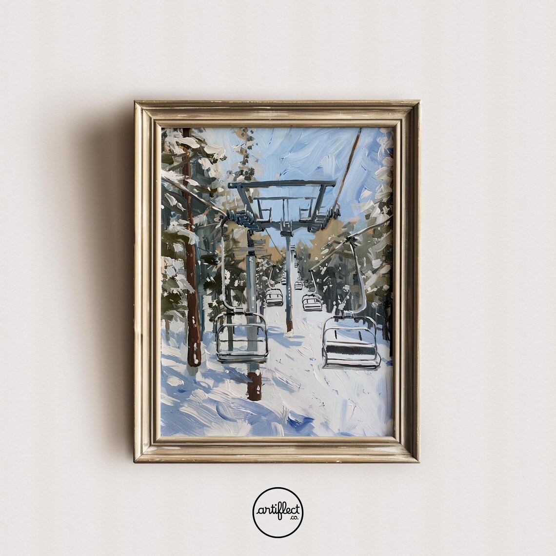 Vintage Snow Ski Lift Wall Art Oil Painting Poster Academia Winter Wonderland Print Farmhouse Decor