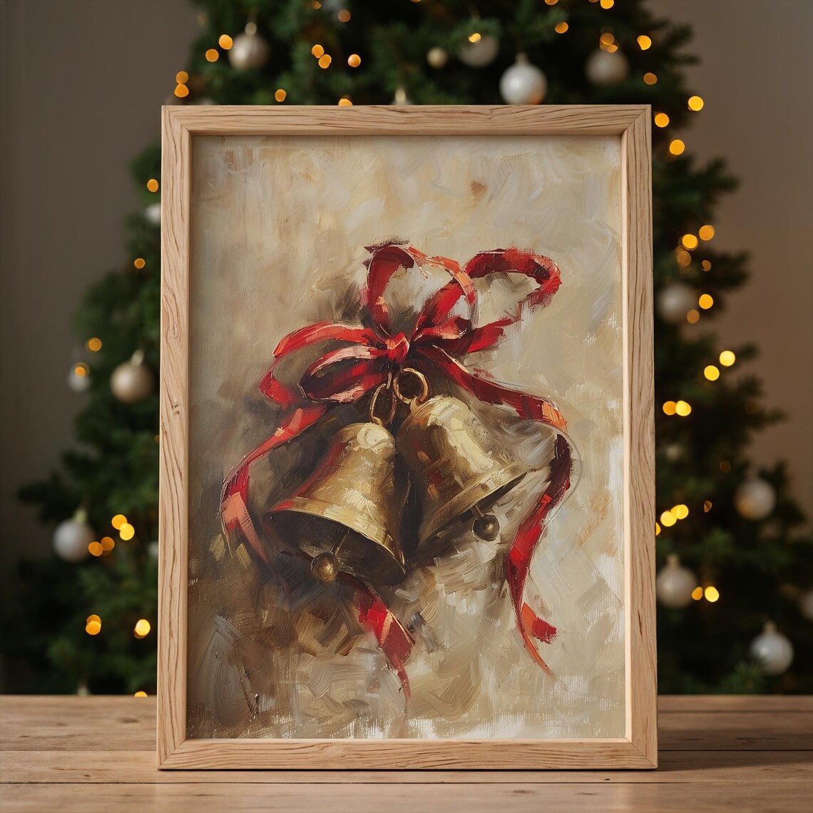 Golden Christmas Bells Red Ribbon Bow Vintage Oil Painting Poster
