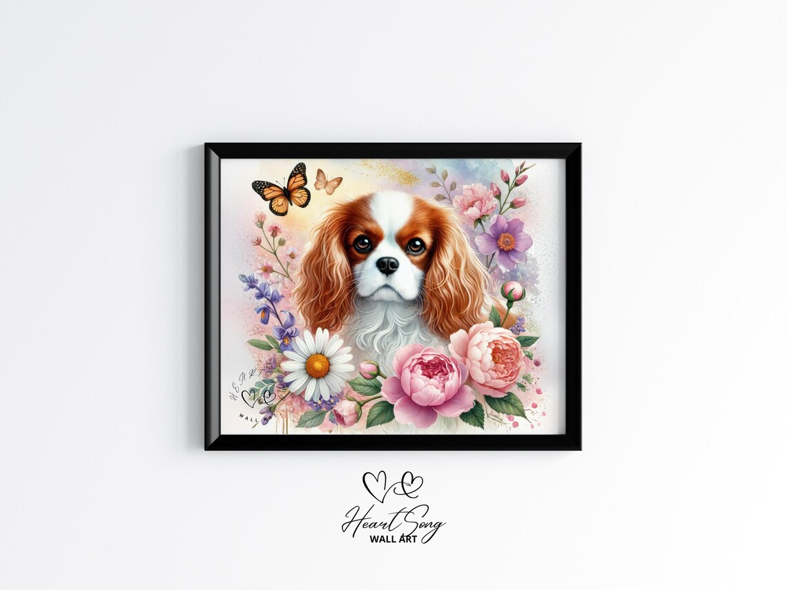 Cavalier King Charles Spaniel Floral Watercolor Dog Art Poster