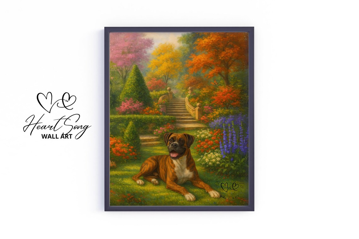 Happy Brindle Boxer Lying In Autumn Garden By Stone Stairs Poster