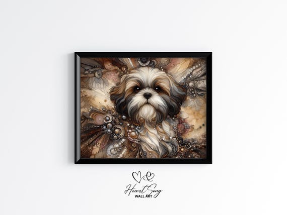 Shih Tzu Dog Painting Rustic Abstract Wall Art With Flowing Alcohol Ink Textures For Modern Decor Lovers 913
