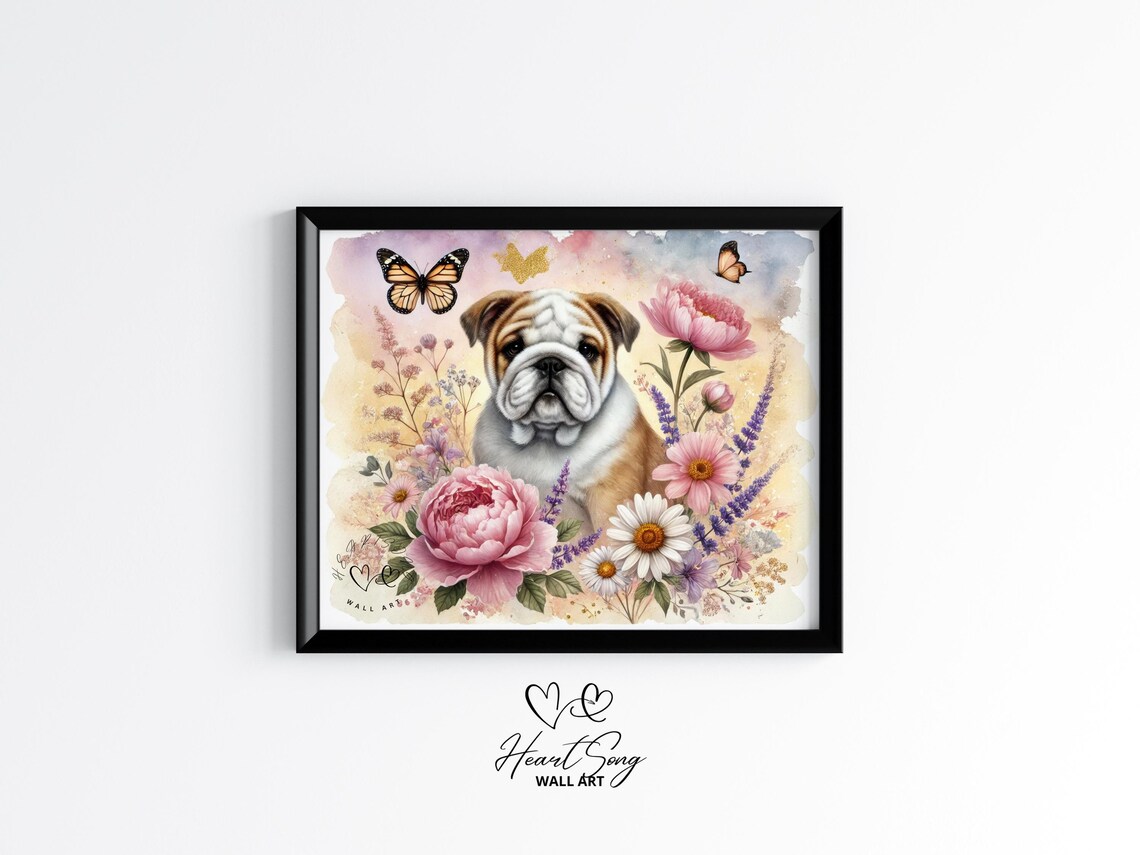 Sweet Bulldog Puppy Spring Blossoms Peonies Watercolor Dog Poster