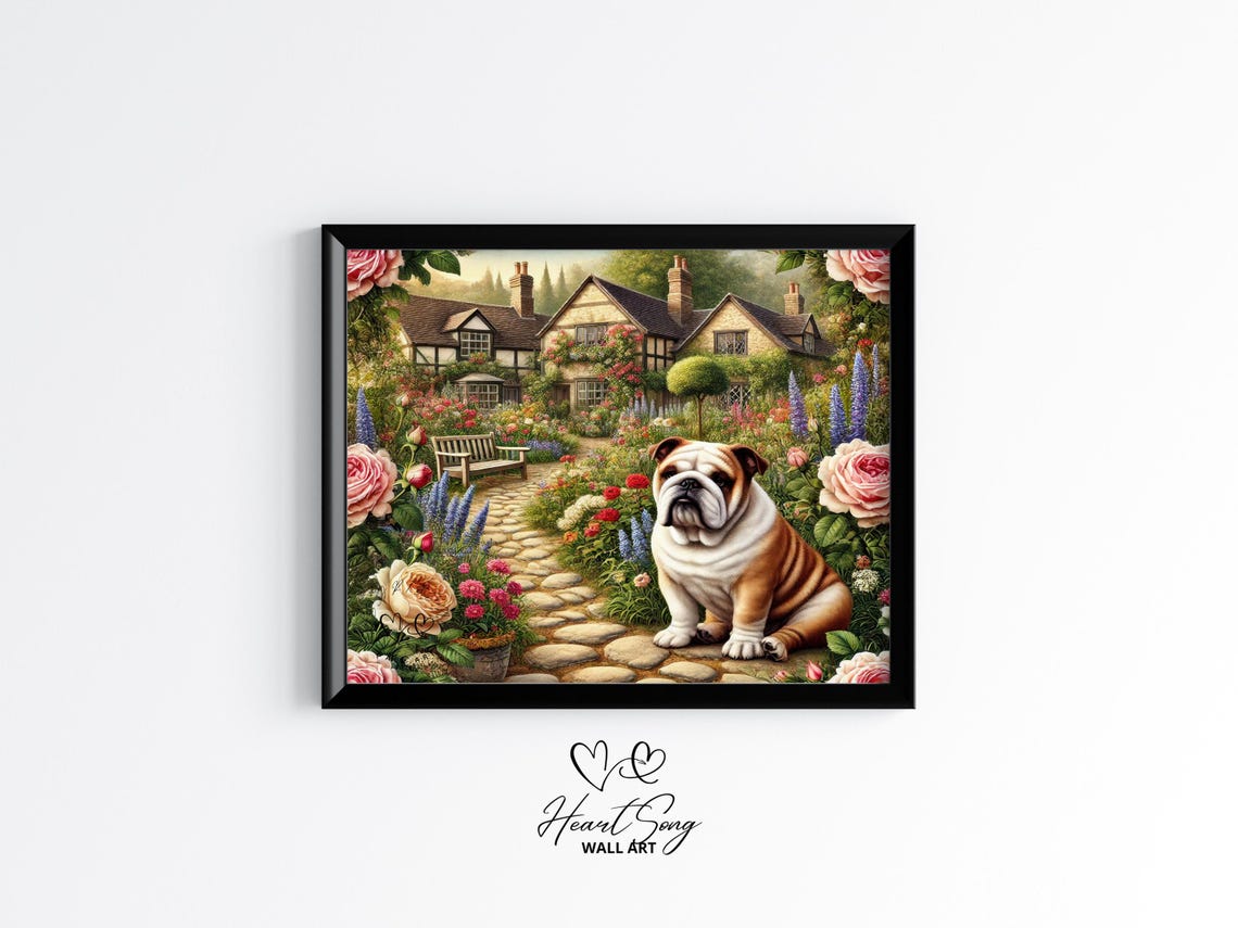 Bulldog Dog In Vintage Garden Rustic Cottage Floral Painting Country Farmhouse Wall Decor Pet Print 117