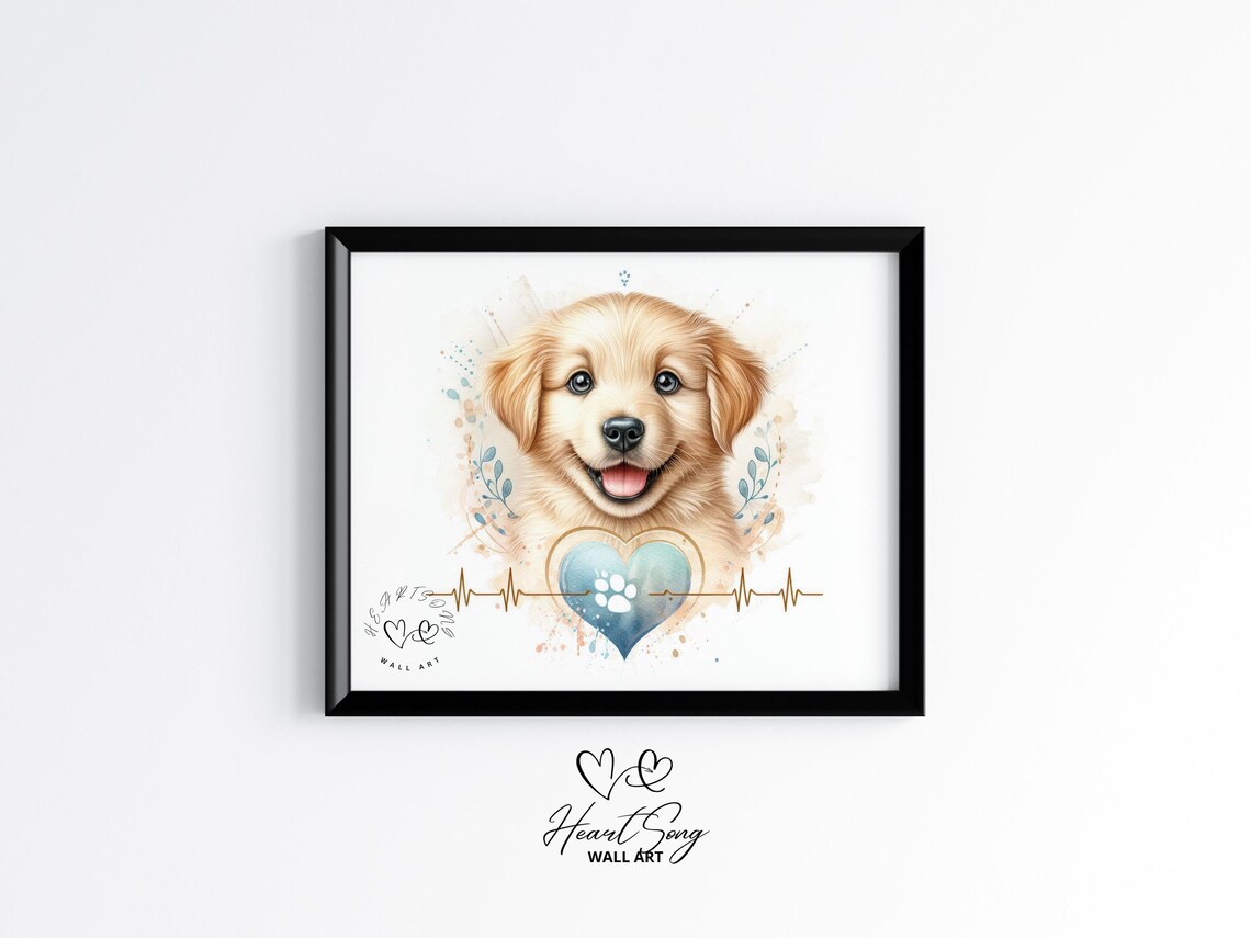 Smiling Golden Retriever Puppy with Heart and Paws Watercolor Wall Art