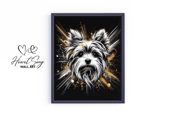 Yorkshire Terrier Dog Wall Art Moody Black And Gold Pet Portrait Vintage Stylish Print Elegant Animal 365