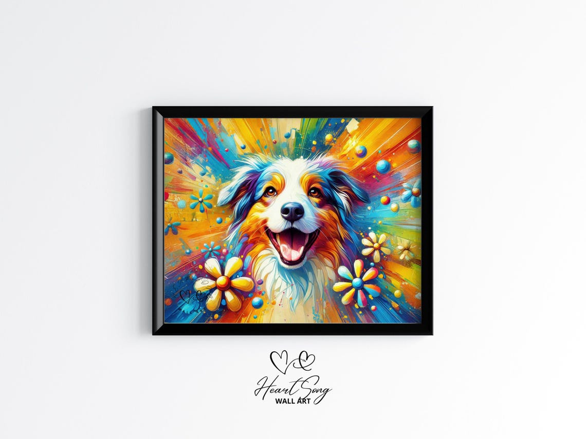 Australian Shepherd Dog Vibrant Abstract Portrait Floral Poster