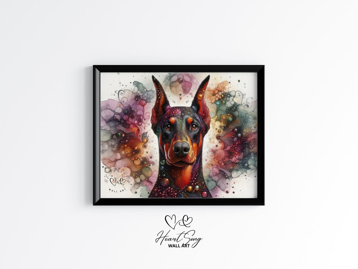 Doberman Pinscher Dog Painting Rustic Abstract Wall Art In Modern Alcohol Ink Finish For Decor Lovers 864