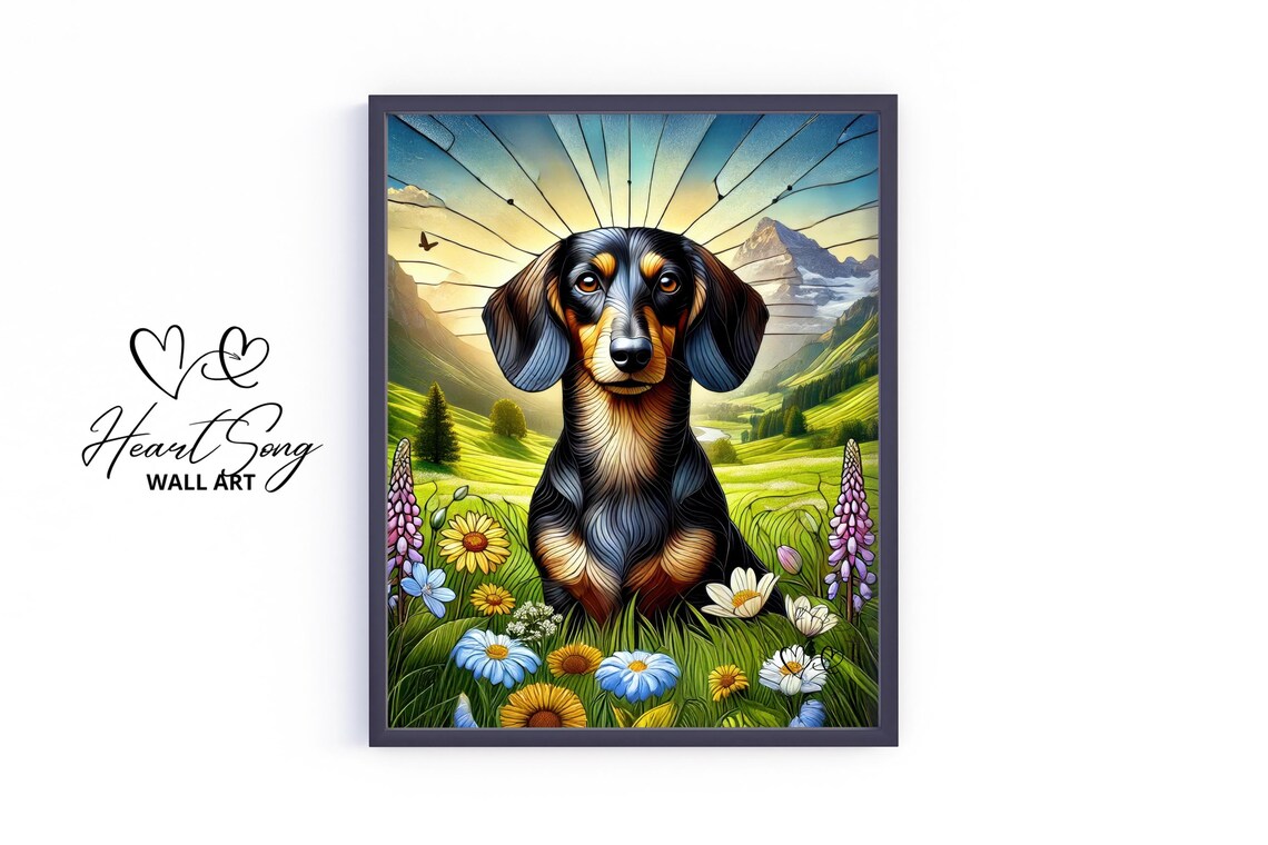 Dachshund in Alpine Wildflower Meadow Stained Glass Style Poster