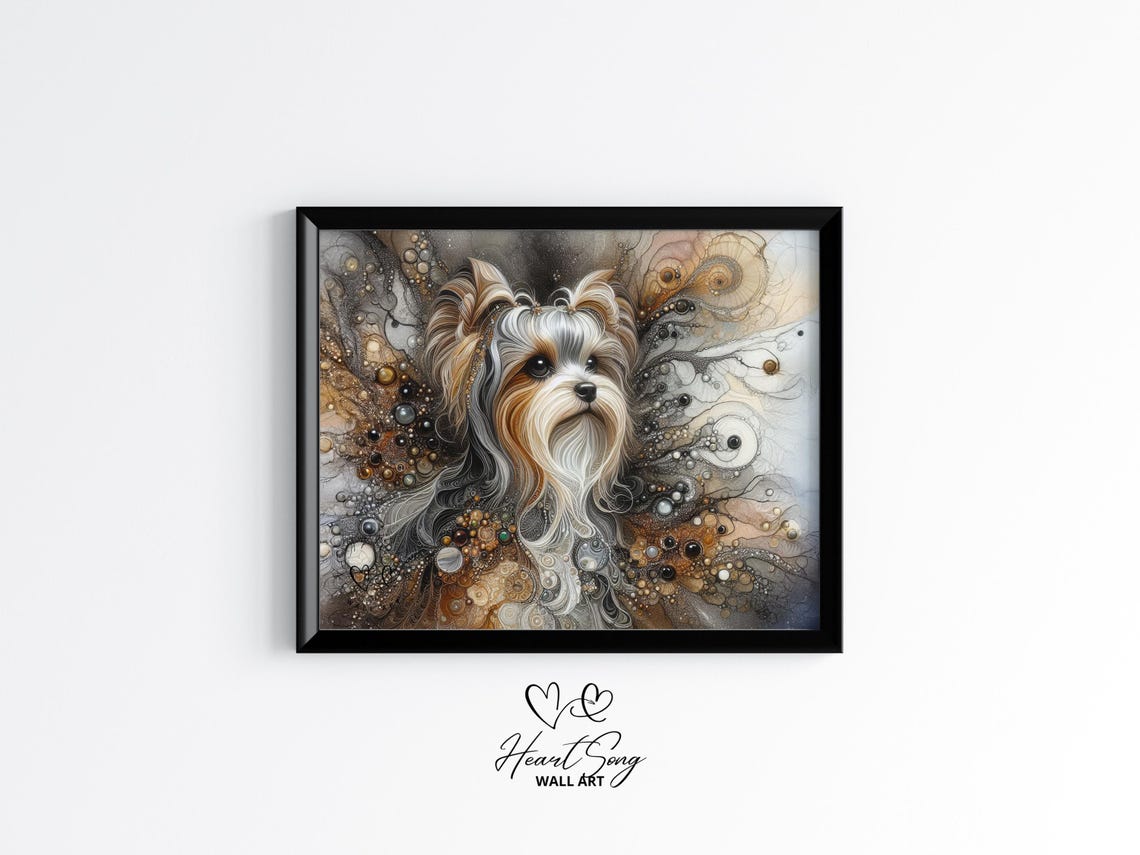 Yorkshire Terrier Dog Painting Rustic Abstract Wall Art With Flowing Alcohol Ink Textures For Modern Decor Lovers 919