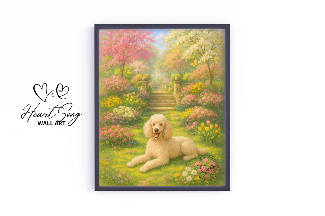 Cream Poodle Dog Spring Tulip Garden Floral Painting Romantic Poster