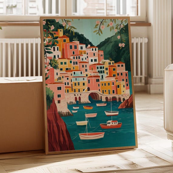 Cinque Terre Inspired Coastal Village Travel Poster