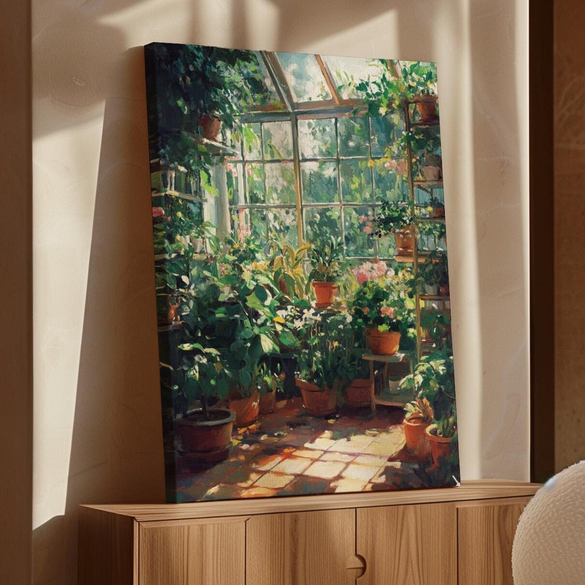Sunlit Greenhouse Interior Filled With Lush Potted Plants Poster