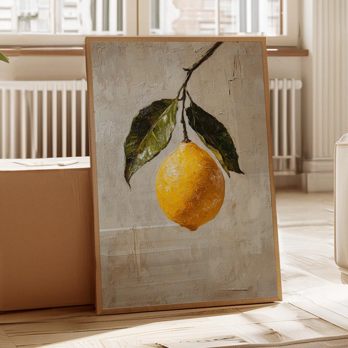 Lemon Branch Impasto Oil Painting Rustic Kitchen Citrus Wall Art