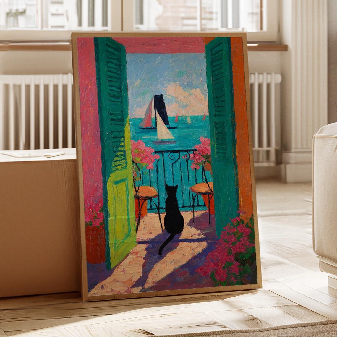 Black Cat Watching Sailboats From Colorful Balcony Coastal Poster