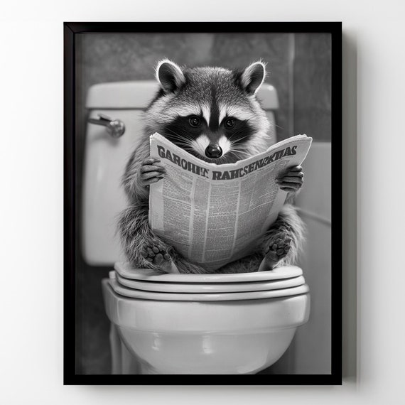 Raccoon Toilet Print Poster Funny Animal Bathroom Wall Art Black White Photo Vintage Raccoon Lover Gift Restroom Wall Decor Framed Poster