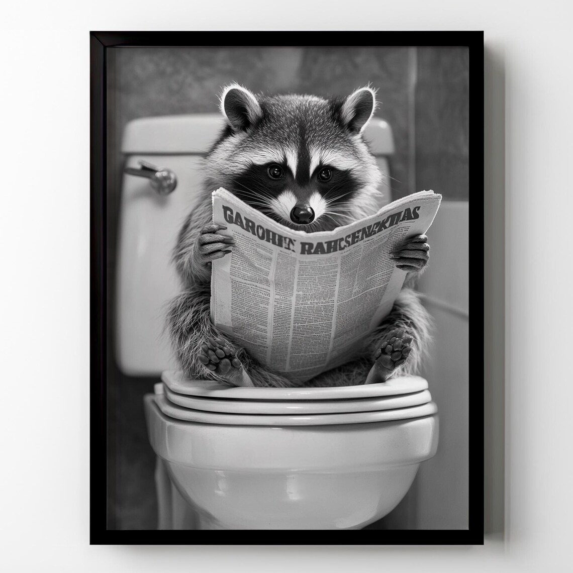 Black and White Funny Raccoon Reading Newspaper on Toilet Poster