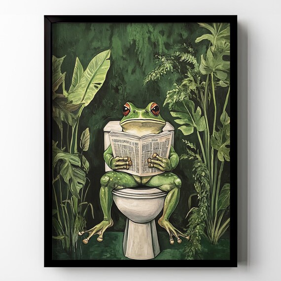 Frog Toilet Poster Print Funny Frog Bathroom Wall Art Wooden Frame Green Tropical Plants Vintage Botanical Gift Idea Restroom Framed Poster
