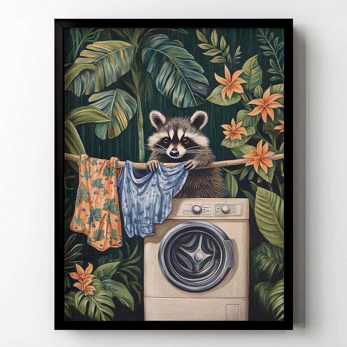 Raccoon Doing Laundry Behind Washer in Lush Jungle Scene Poster